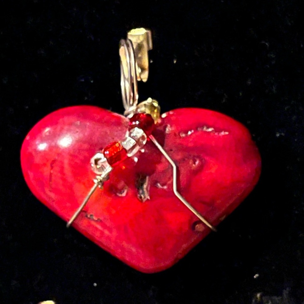 Red Heart Stone with accents Pendant with Wire Wrap